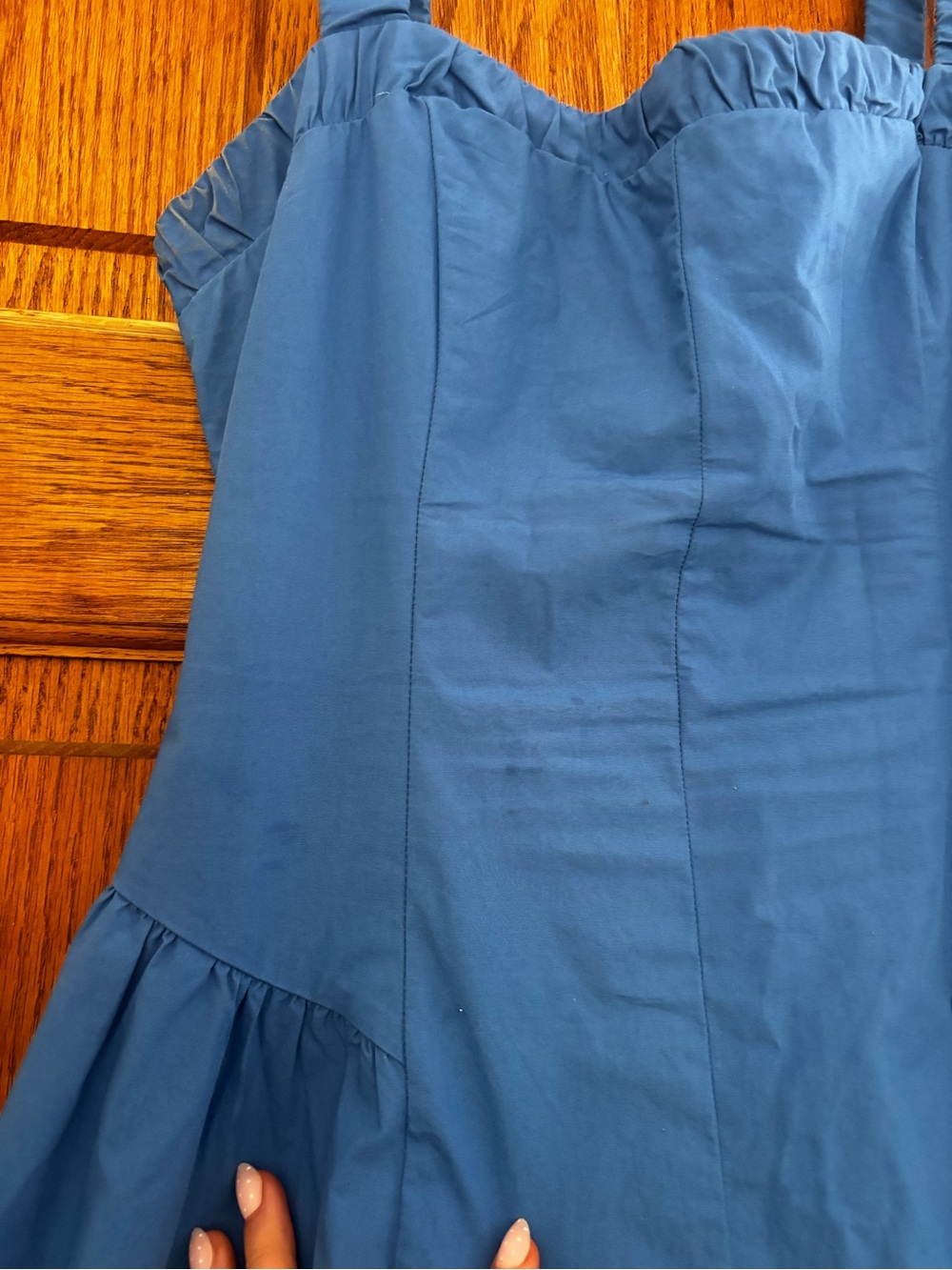 Abercrombie Blue Ruched Neckline Dipped Waist Midi Dress 100% Cotton Small P - Picture 6 of 9